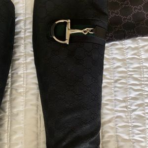 Knee high Gucci Canvas boots with GGG and buckle